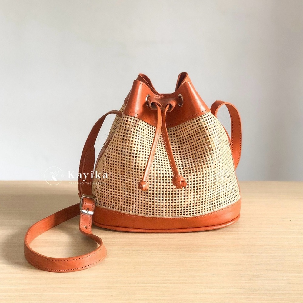 NWOT - KayikaBali - Isvara Drawstring Rattan Bucket Crossbody Bag